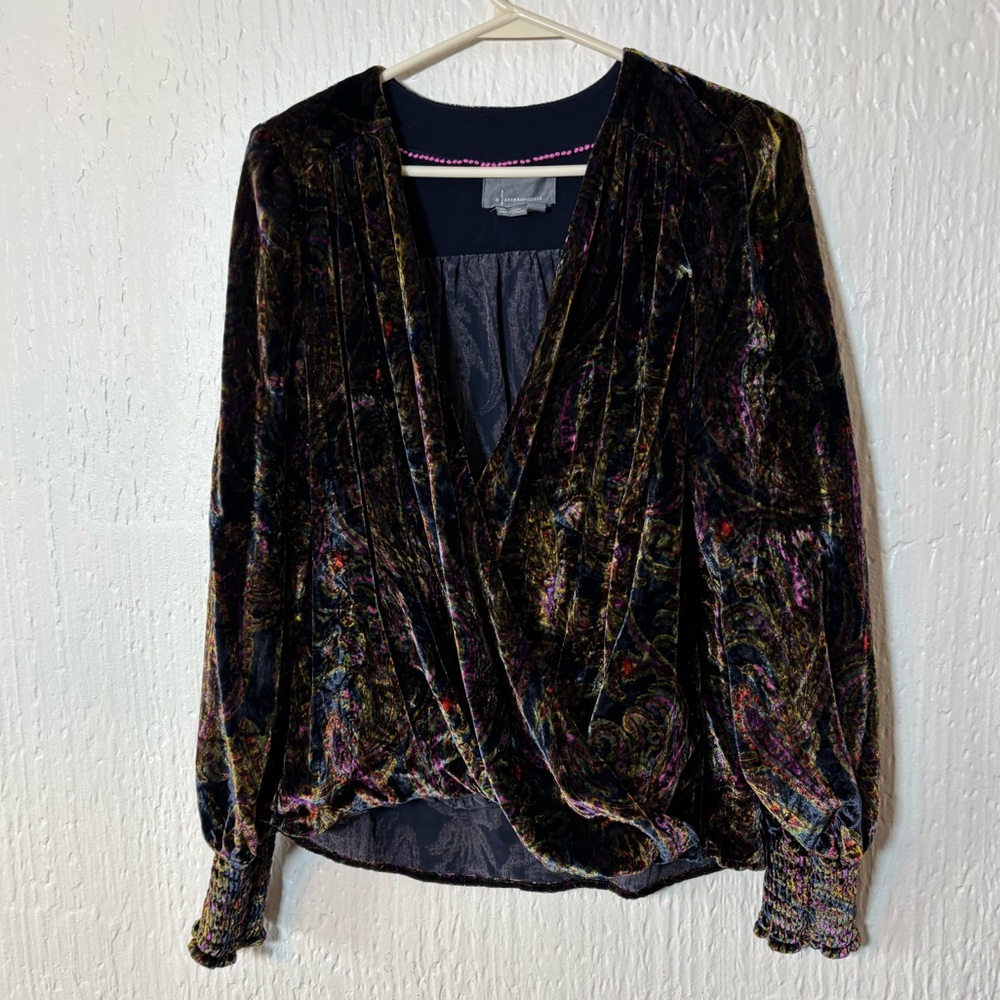 Anthropologie Velvet Wrap Blouse in Black with Multicolor Paisley Women XS